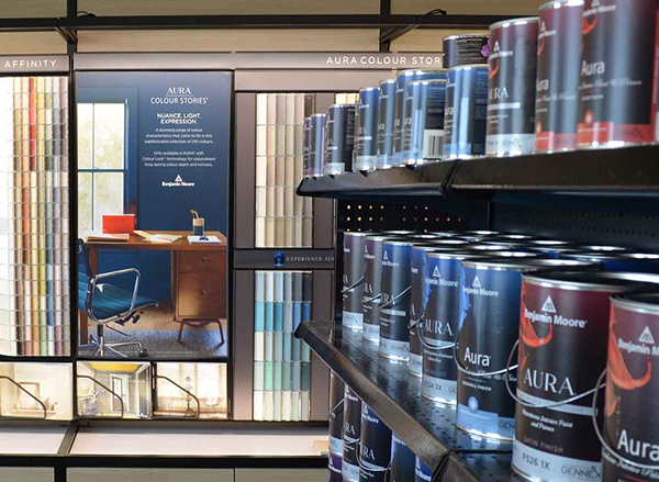 Shelf of paint cans in Western Paints showroom